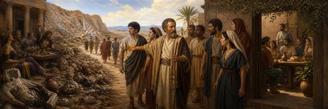 A wise elder guiding believers away from an idol feast toward a modest shared table